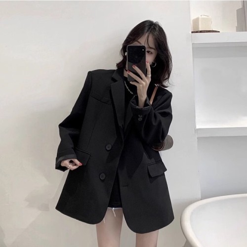 Original high-end black suit jacket for women autumn new Korean version loose small suit top