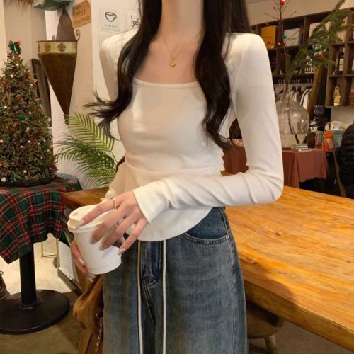 Early spring 2024 Korean style square neck pleated design solid color slim fit bottoming long-sleeved T-shirt women's tops