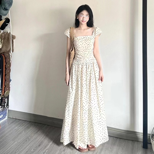 2024 new French style small polka dot small flying sleeve dress women's summer pear-shaped figure long skirt