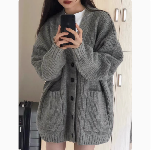 Black Knit Cardigan for Women - Autumn/Winter 2024 New Arrival Loose Overcoat, Casual Japanese Lazy Style Retro Soft Knit Cardigan
