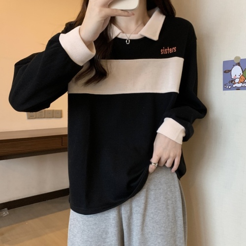 Actual shot of 2024 autumn new long-sleeved contrasting color Polo shirt college loose and versatile T-shirt tops for women