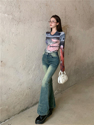 Real shot!  Retro raw edge bootcut jeans, slim straight high waist, slim horseshoe trousers