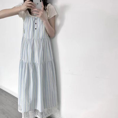 French first love blue suspender dress for women summer 2024 new style small seaside resort style beach long dress