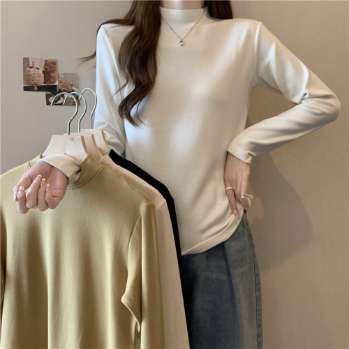 Real shot of ribbed German velvet long-sleeved T-shirt for women in autumn and winter half turtleneck inner layering shirt