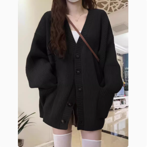Black Knit Cardigan for Women - Autumn/Winter 2024 New Arrival Loose Overcoat, Casual Japanese Lazy Style Retro Soft Knit Cardigan