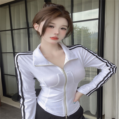 White retro zipper stand collar sports short jacket for women motorcycle workwear style long-sleeved short design slim fit top