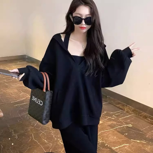 Spring and autumn hooded large size loose sweatshirt women's two-piece age-reducing suspender top fat mm 200 pounds 300