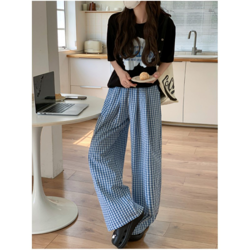 Official picture of plaid contrasting thin trousers, loose and loose casual Yamamoto pants for women, summer straight wide-leg pants and floor-length pants.