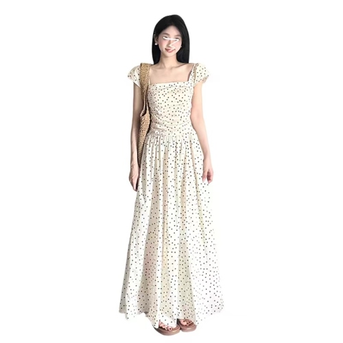 2024 new French style small polka dot small flying sleeve dress women's summer pear-shaped figure long skirt