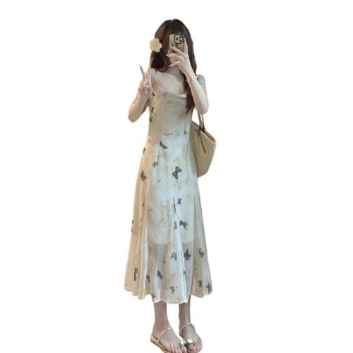 French design niche fishtail hip long skirt 2024 new butterfly print suspender dress for women summer