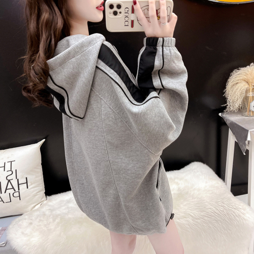 Official picture waffle composite milk silk thin color block hooded sweatshirt for women spring and autumn loose