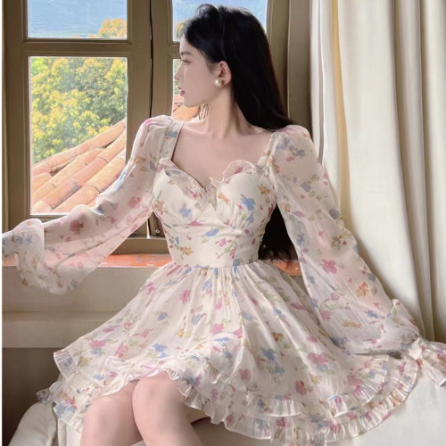 Original method + breast pad + lining Autumn pure lust style sweet floral dress design heavy industry dress