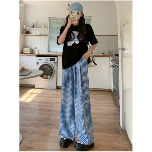 Official picture of plaid contrasting thin trousers, loose and loose casual Yamamoto pants for women, summer straight wide-leg pants and floor-length pants.