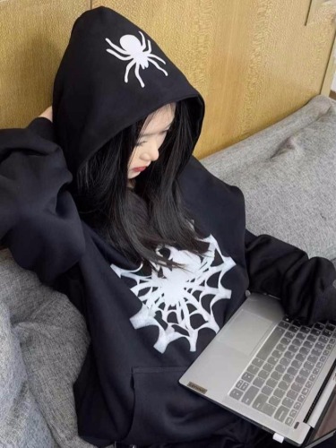 Official picture American retro spider print hooded sweatshirt for women niche design autumn and winter plus velvet loose jacket trendy