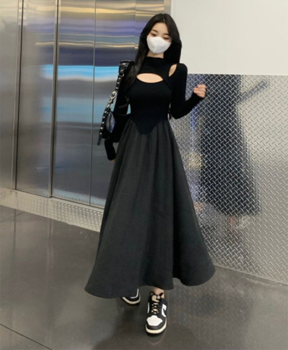 Black Hepburn style plus size dress 2024 autumn niche design women's dress temperament high waist slimming long dress