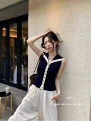 Designed contrast navy collar sleeveless vest women's summer new slim slim outer top