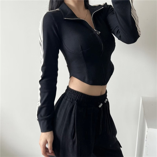 White retro zipper stand collar sports short jacket for women motorcycle workwear style long-sleeved short design slim fit top