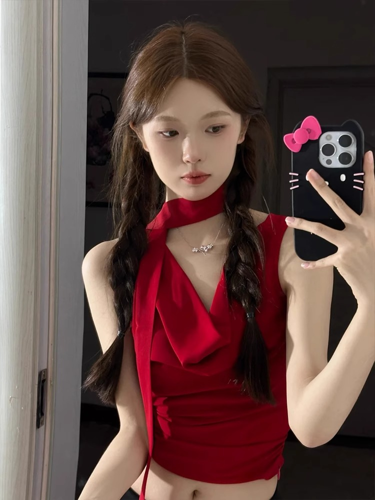 Swing collar halter top women's summer waist-cinching hottie neck scarf strap sleeveless T-shirt