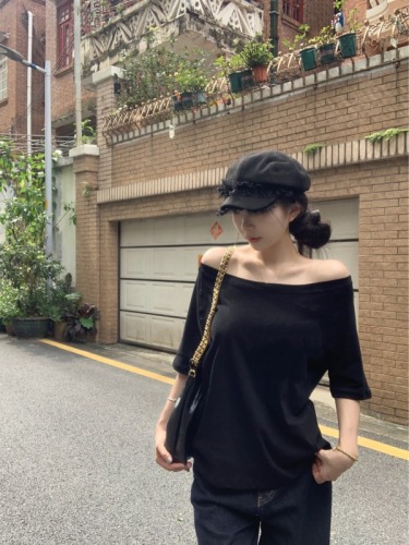 Official photo Modal rayon Korean style slanted shoulder short-sleeved T-shirt women's summer loose loose off-shoulder solid color top