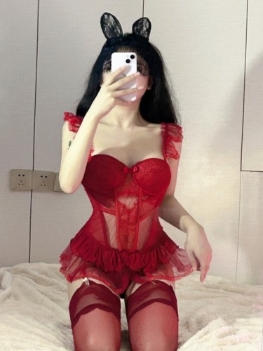 Real shot~Pure sexy lace red sexy home clothes low-cut fishbone inner wear super short pajamas for women