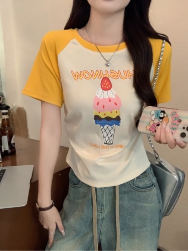 Real shot 1*1 thread 210g short-sleeved T-shirt summer raglan sleeve slim short round neck top Korean style women's clothing