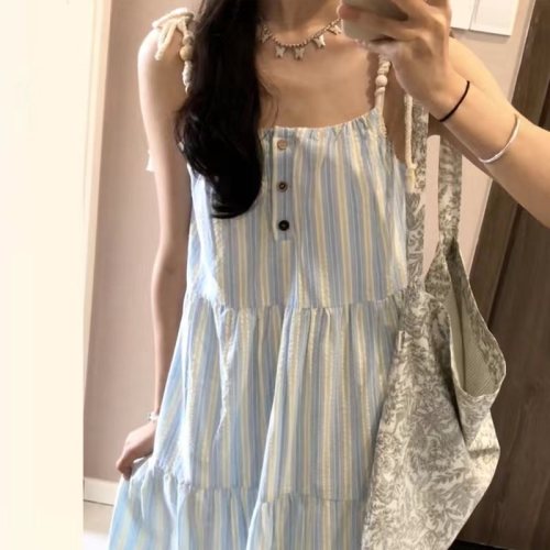 French blue striped lace suspender dress for women 2024 summer new design sleeveless temperament long dress