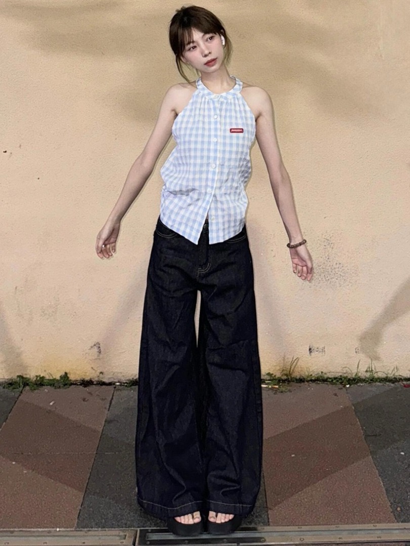 Hong Kong style chic blue plaid button-down vest for women in summer, high-end, ladylike temperament, unique casual and versatile top