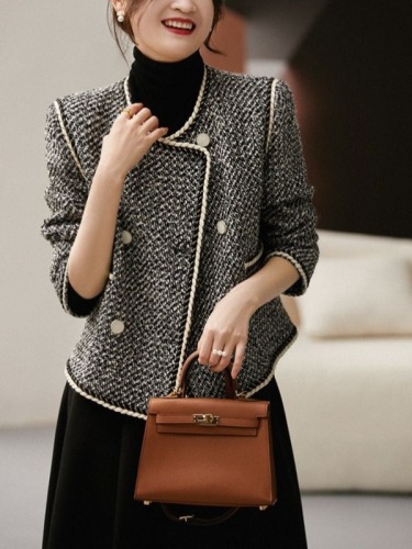 Wool blended French high-end socialite tweed double-breasted temperament and fashionable autumn style new style small fragrance jacket for women