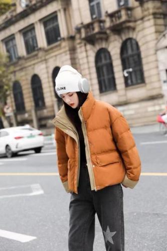 Korean style contrasting color 2024 new down jacket women's short fashion loose stand-up collar bread jacket thickened cotton jacket