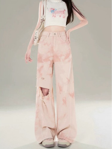 Pink high street wide leg ripped jeans for women summer tie dye new high waist loose floor mopping pants