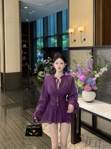 Actual shot of early autumn design hollow thin strap pure lust purple dress slightly see-through waist chiffon top for women