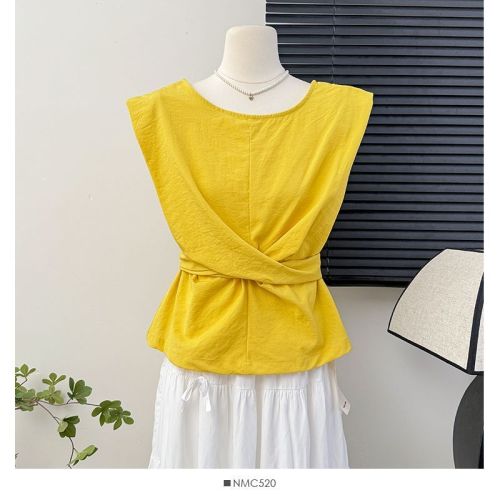 Temperament lace-up waist slimming sleeveless vest for women summer niche design pleated top