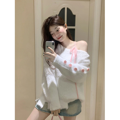 One-word slanted shoulder letter embroidered sweater for women spring and autumn outer wear design halter neck strap sweet first love knitted top