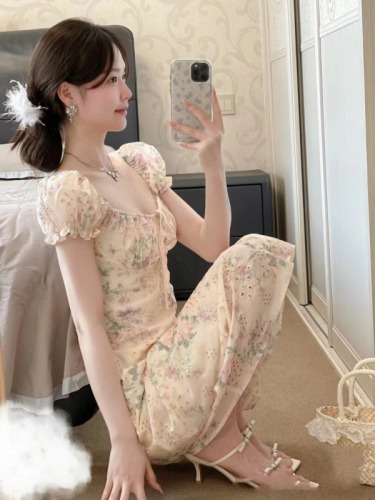 French sweet mid-length one-line collar embroidered waist floral dress women's summer puff sleeves first love a-line skirt