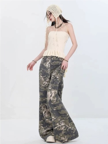 American Retro Camouflage Denim Wide Leg Pants Women's 2024 Summer New Loose Slim Versatile Casual Floor-Mopping Pants Thin