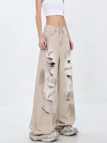 KEN STUDIO new summer style American street graffiti ripped jeans women's straight washed wide leg floor mopping pants