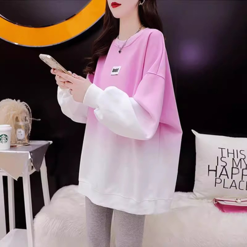 Official photo twill pull frame 2024 spring and autumn thin style lazy style gradient round neck sweatshirt trend