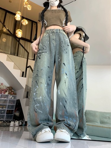 American retro ink-washed wide-leg jeans for women 2024 summer niche high-waist slim straight long pants trendy