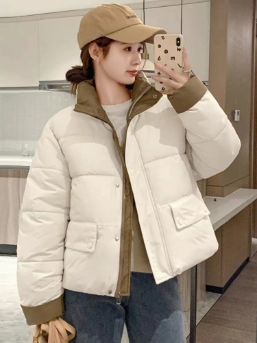 Korean style contrasting color 2024 new down jacket women's short fashion loose stand-up collar bread jacket thickened cotton jacket