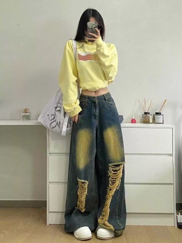 American retro washed distressed ripped jeans for women, high street, loose and slim, straight wide-leg floor-length trousers