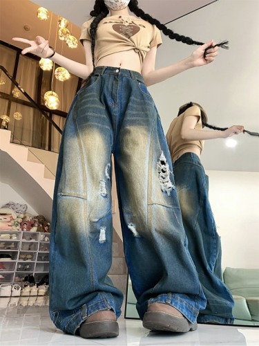 Real shot ~ American high street vibe style hot girl ripped jeans female wasteland style distressed dirty dyed pants