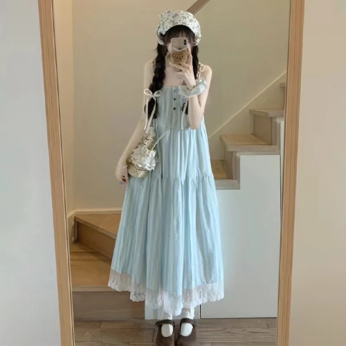 French First Love Blue Suspender Dress Women's Summer 2024 New Small Seaside Resort Style Beach Long Dress