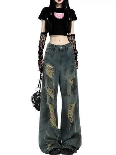 American vibe retro wasteland style splashed ink ripped jeans for women high street design loose wide leg floor mopping pants trendy