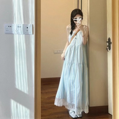 French blue striped lace suspender dress for women 2024 summer new design sleeveless temperament long dress