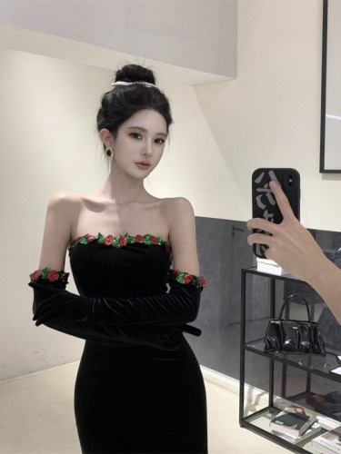 Hot girl style real shot sequin flower decoration slim backless dress long super slim tube top style