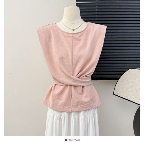 Temperament lace-up waist slimming sleeveless vest for women summer niche design pleated top