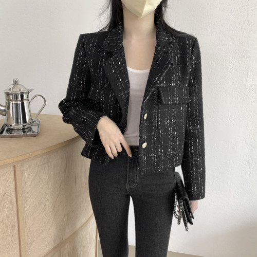 Korean chic autumn lapel plaid tweed small fragrance short versatile straight slim long-sleeved coat for women