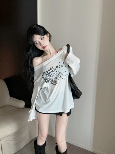 Actual shot ~ Lazy and simple characteristic printed thin see-through long-sleeved blouse T-shirt fashionable hot girl slanted shoulder versatile top