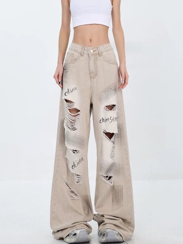 KEN STUDIO new summer style American street graffiti ripped jeans women's straight washed wide leg floor mopping pants