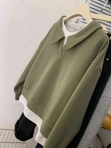 Special offer, no discount, official photo, Chinese cotton composite milk silk, color-inserted pure cotton fake two-piece lapel sweatshirt